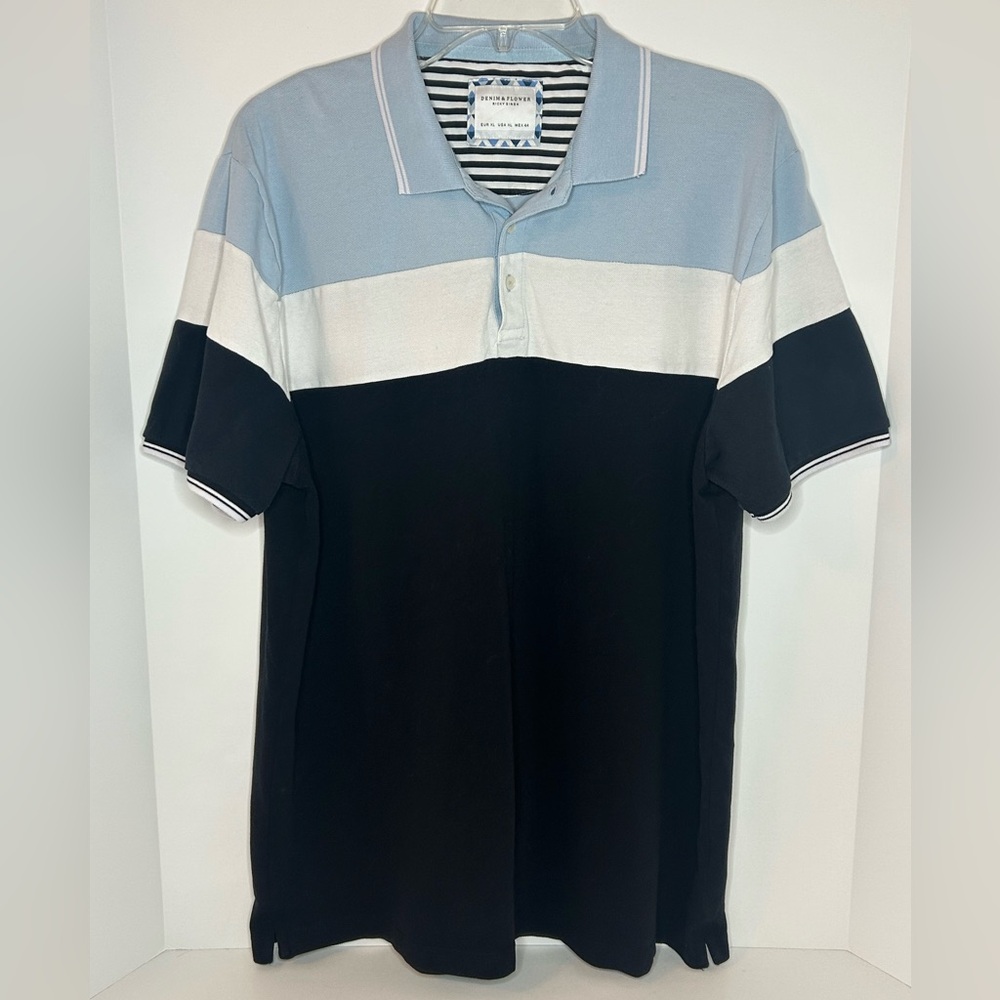 Denim & Flower Mens Color block black blue white short sleeve Polo shirt size XL